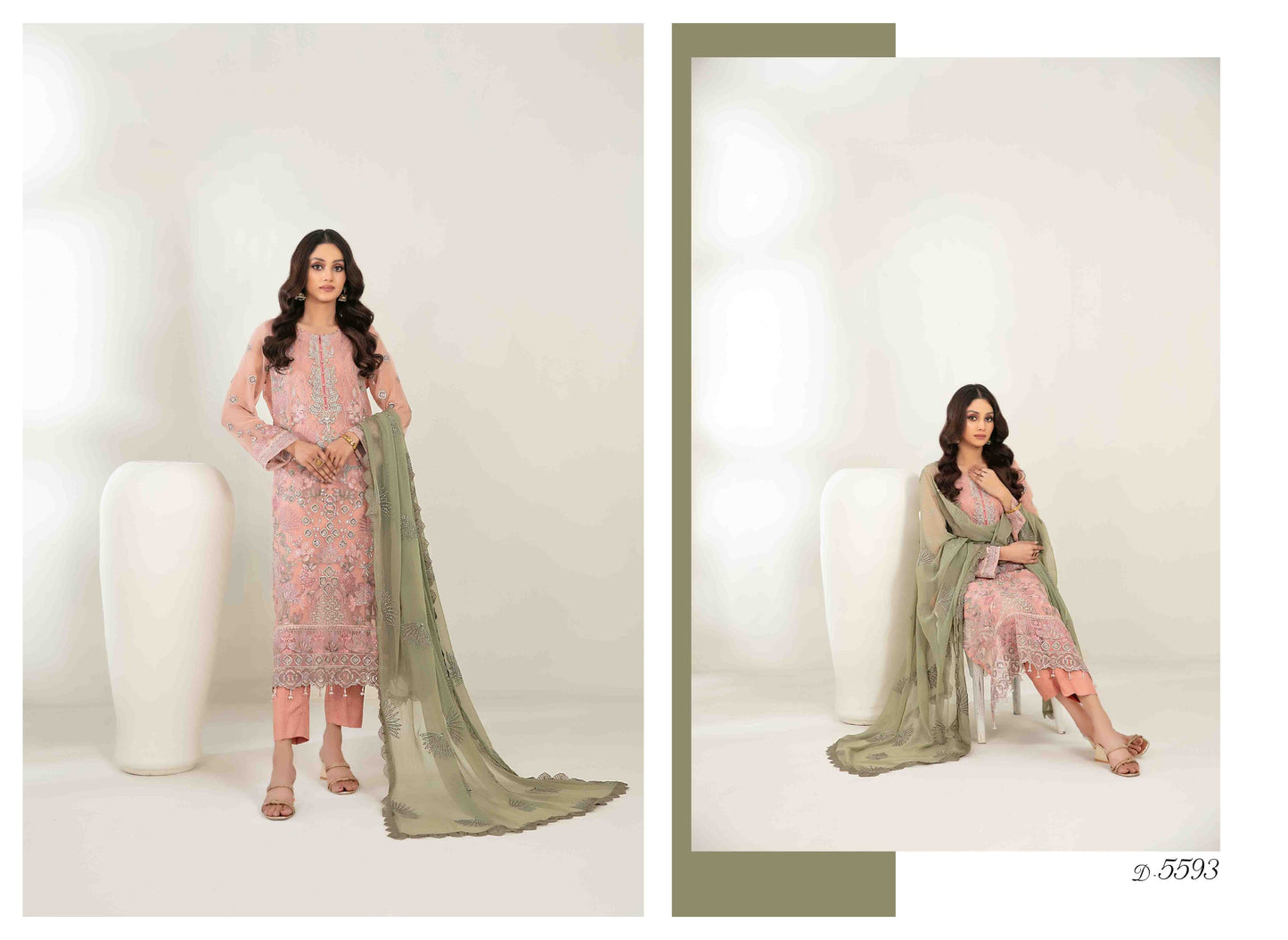 MEHZEBEEN 3-Piece Embroidered Chiffon Suit | D-5593 | Elegant Semi-Stitched