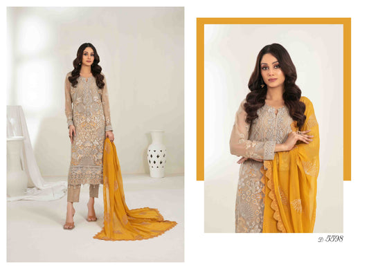 MEHZEBEEN 3-Piece Embroidered Chiffon Suit | D-5598 | Elegant Semi-Stitched