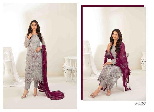 MEHZEBEEN 3-Piece Embroidered Chiffon Suit | D-5594 | Elegant Semi-Stitched