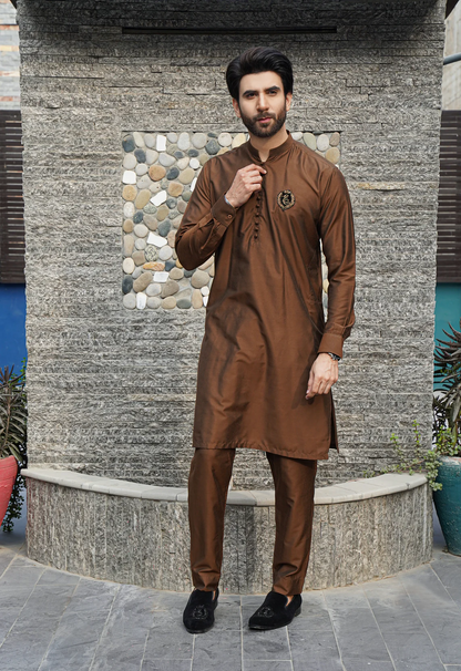 ER 577 Brown Raw Silk Kurta And Trouser With Signature Logo