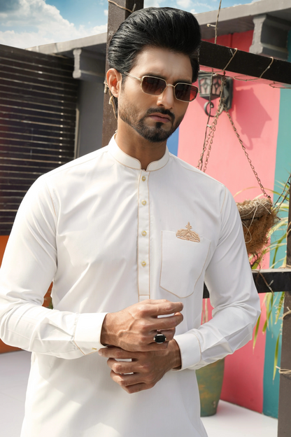 ER 584 Crown Chest Pocket EMB White Kurta Pajama