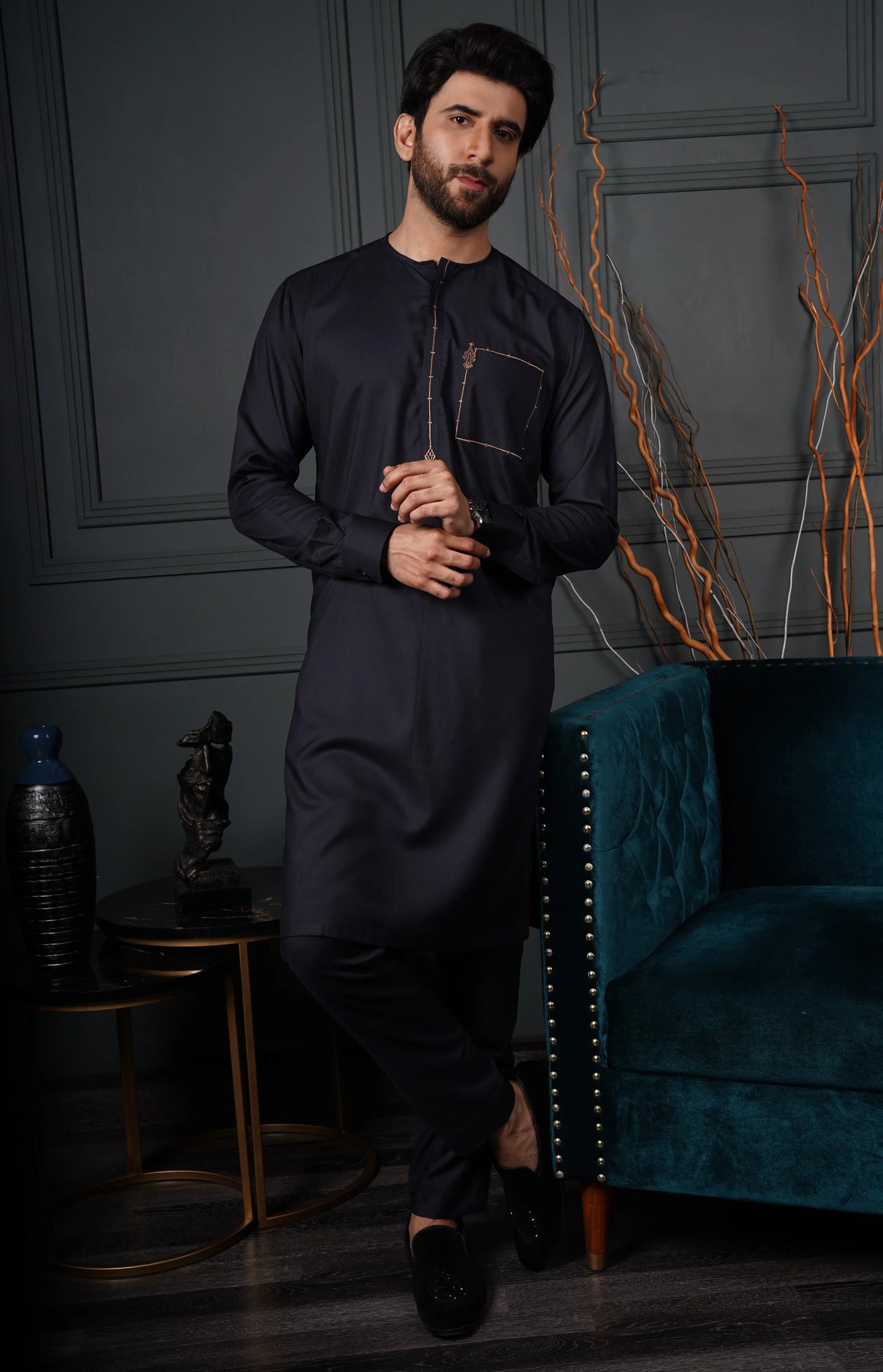 ER 590 Black With Brown Emb Kurta Pajama