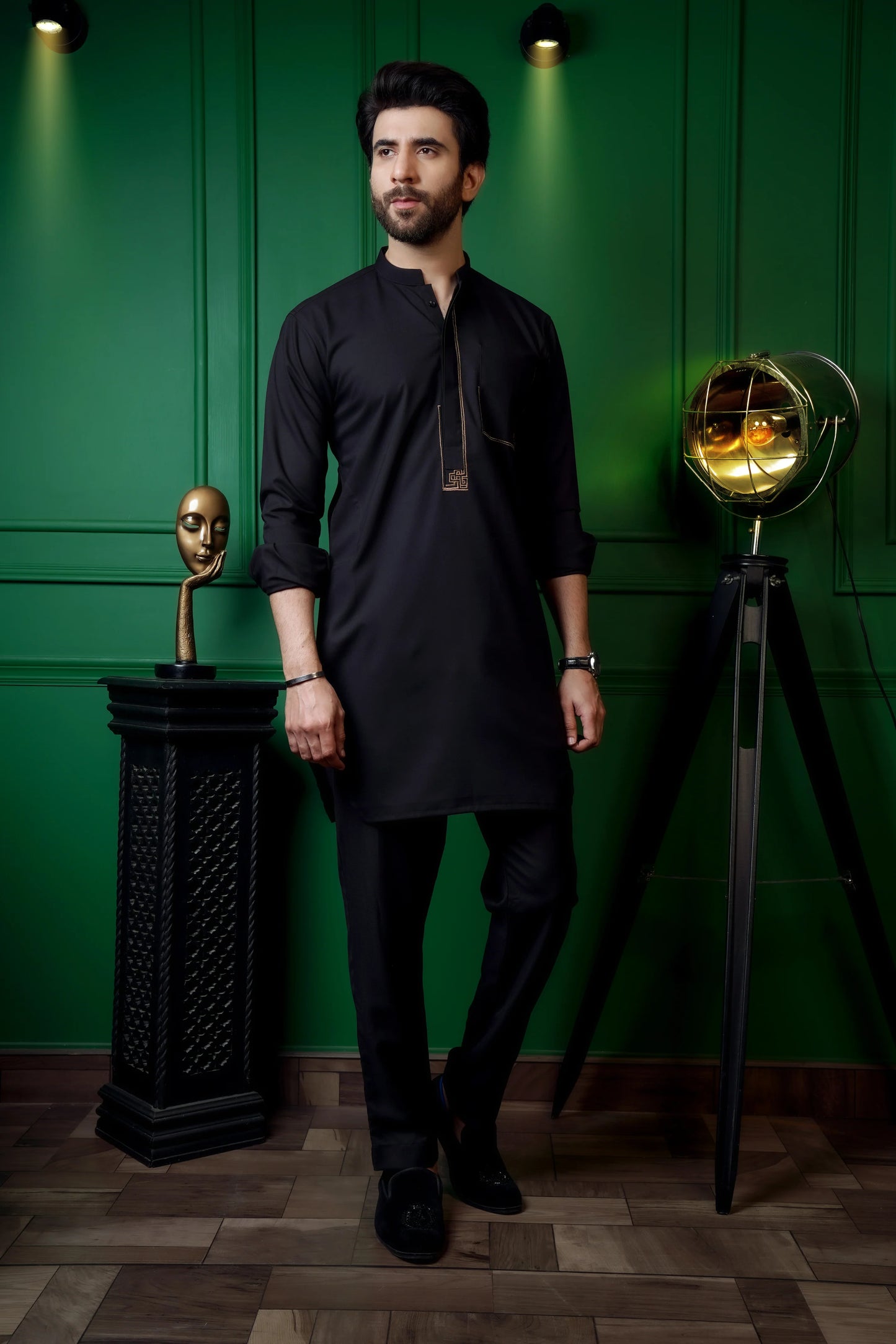 ER 611 Black Short Length Curved Edges Kurta Pajama