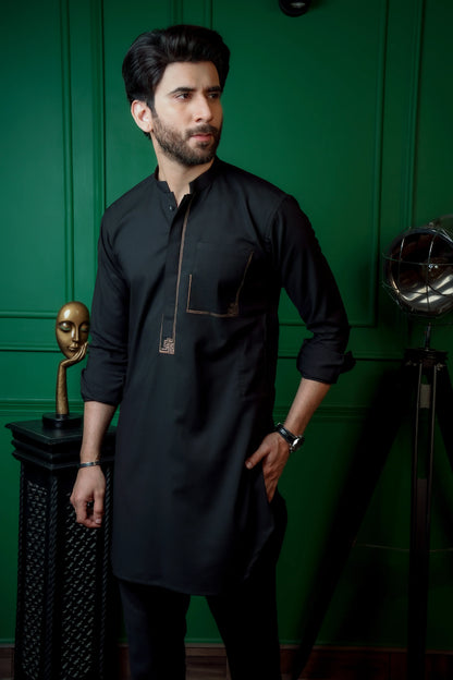 ER 611 Black Short Length Curved Edges Kurta Pajama