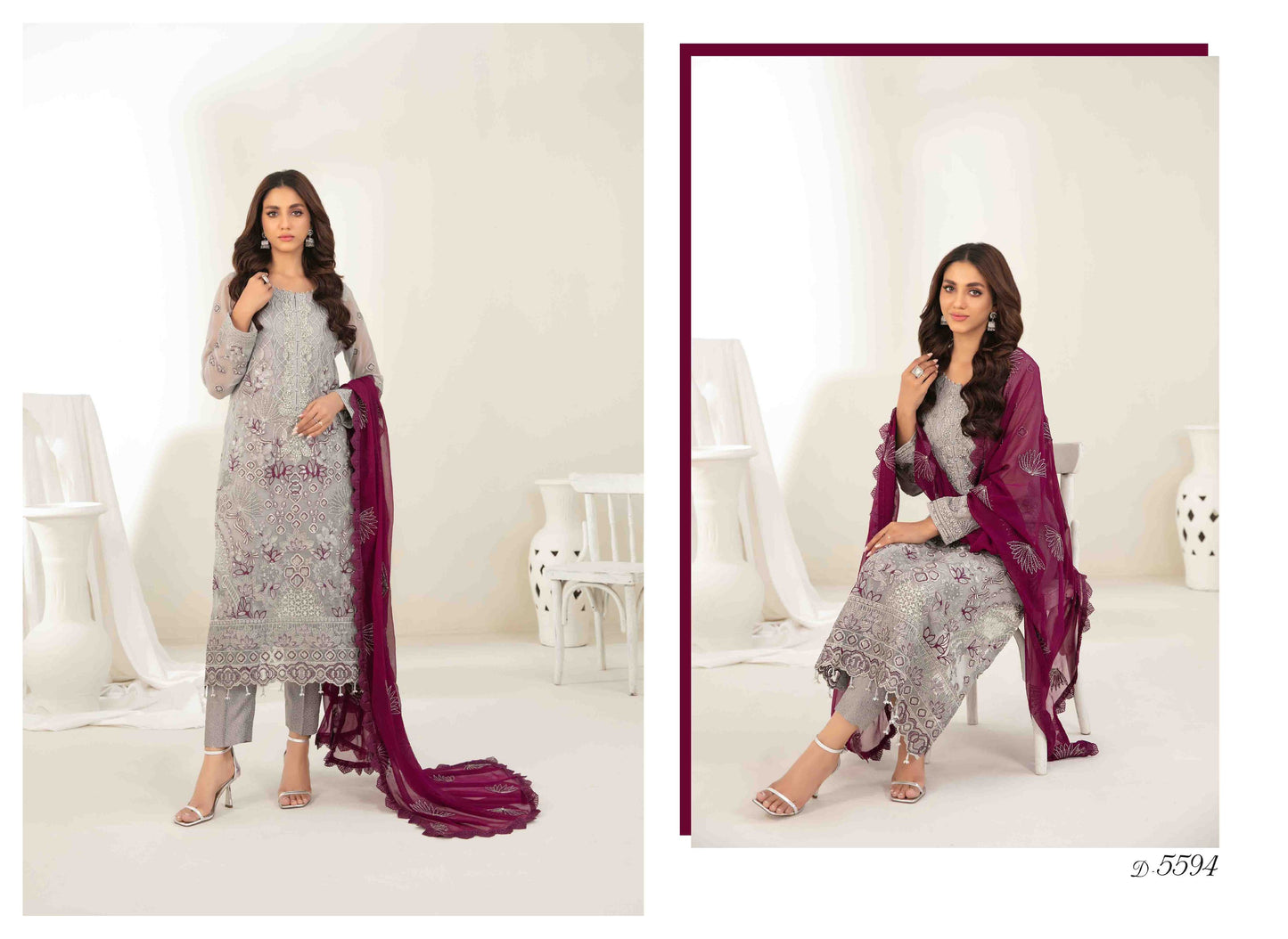 MEHZEBEEN 3-Piece Embroidered Chiffon Suit | D-5594  | Elegant Semi-Stitched