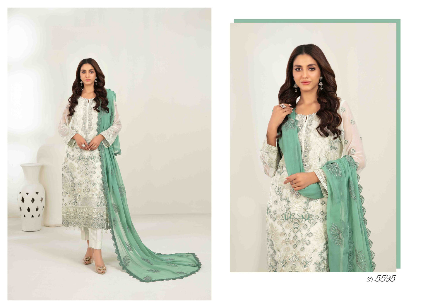 MEHZEBEEN 3-Piece Embroidered Chiffon Suit | D-5595  | Elegant Semi-Stitched