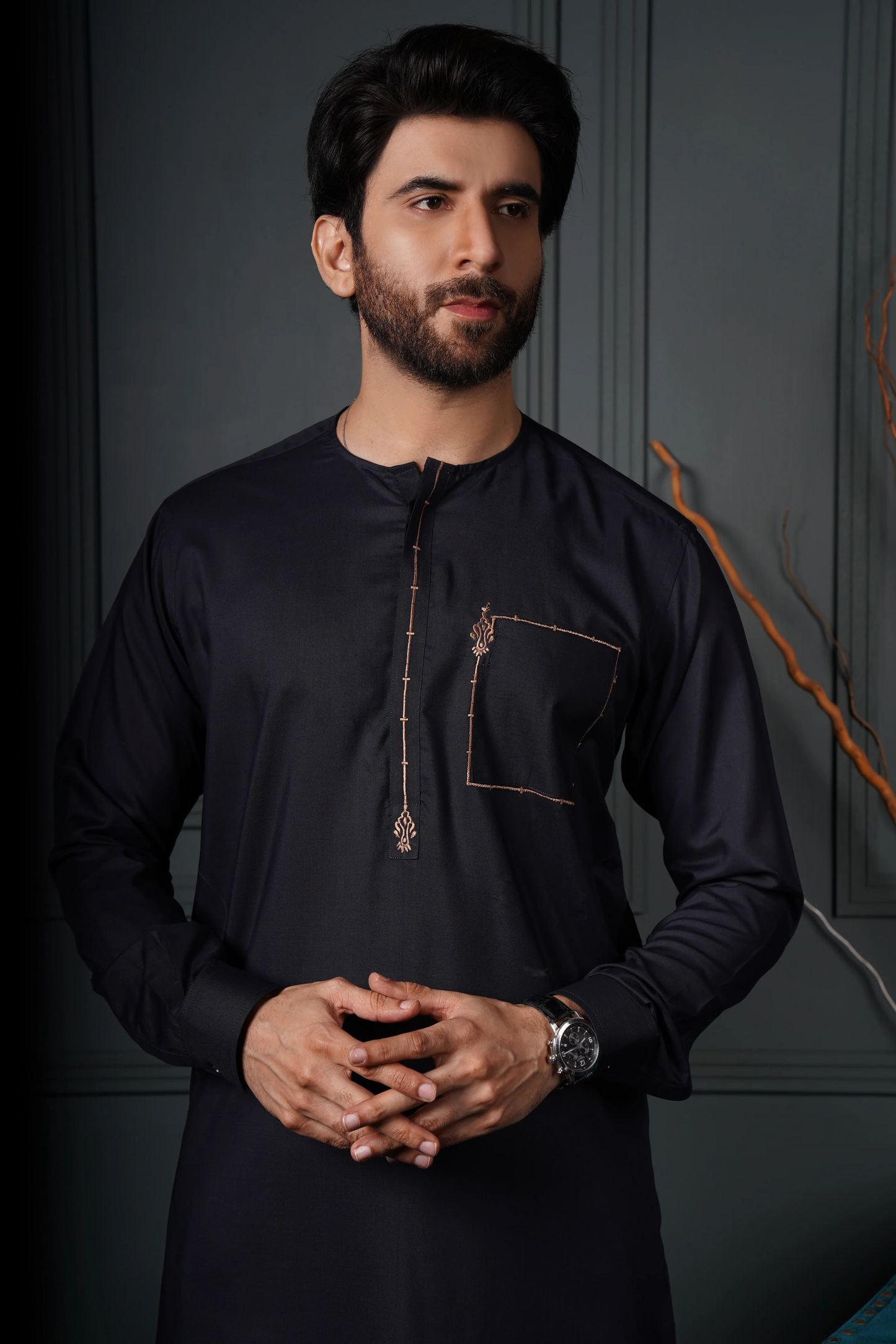 ER 590 Black With Brown Emb Kurta Pajama