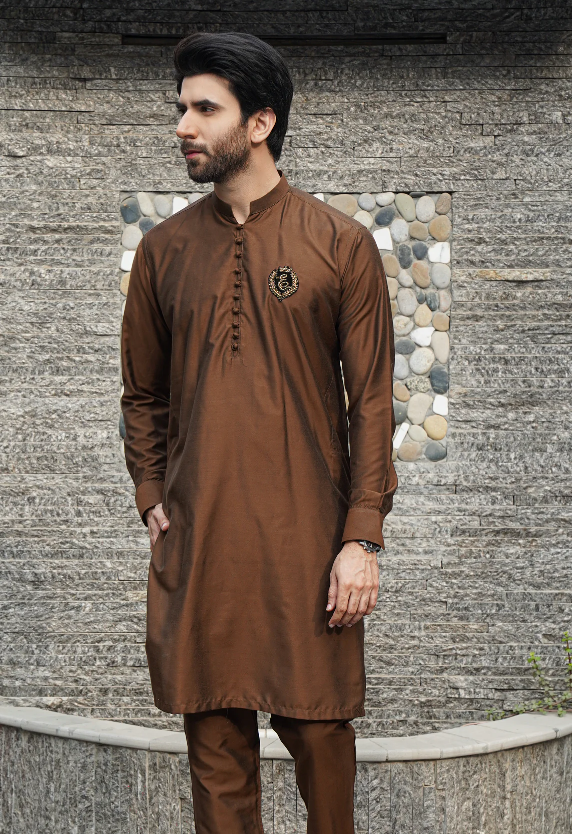 ER 577 Brown Raw Silk Kurta And Trouser With Signature Logo