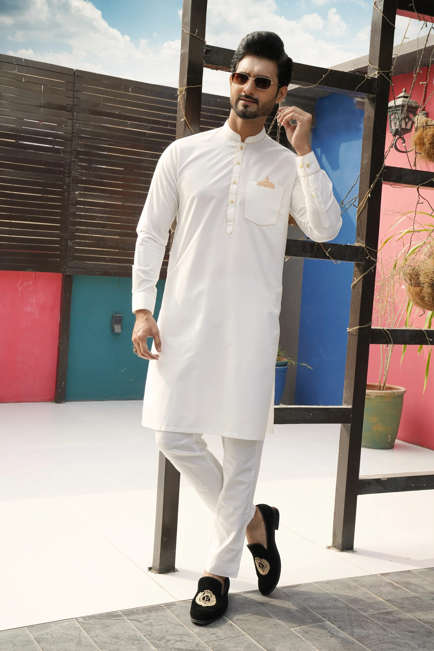 ER 584 Crown Chest Pocket EMB White Kurta Pajama